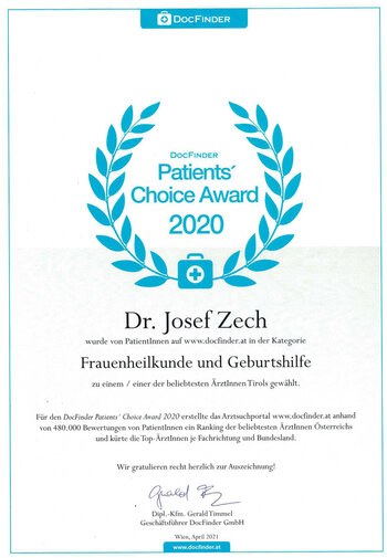 Auszeichnung des DocFinder-Awards 2020 für die Kinderwunsch-Clinic Dr. Zech