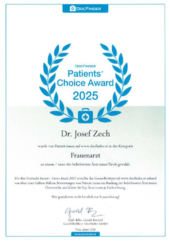 DocFinder Auszwi´´eichnung "Patients´ Choice Award 2025" als einer der beliebtesten Frauenärzte Tirols