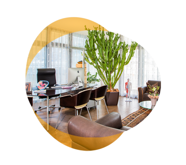 Helles und freundliches Büro mit modern möbliert, großen Fenstern und Pflanzen 