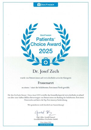 Urkunde der Privaten Kinderwunsch-Clinic Dr. Zech in Innsbruck: Auszeichnung "Patients' Choice Award 2025" als Frauenarzt