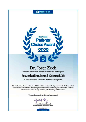 Urkunde Patients Choice Award 2022 Dr. Josef ZEch 